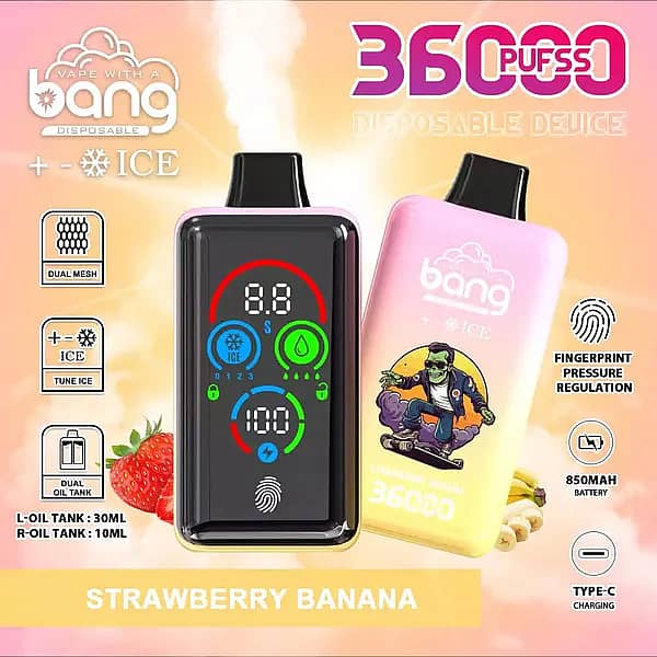 Bang 36000 Ice Control Strawberry Banana smart-screen disposable vape with adjustable ICE ± cooling; dual oil tanks 30 mL + 10 mL, 1.0Ω dual-mesh coil, 850 mAh battery, Type-C fast charging, fingerprint pressure regulation.