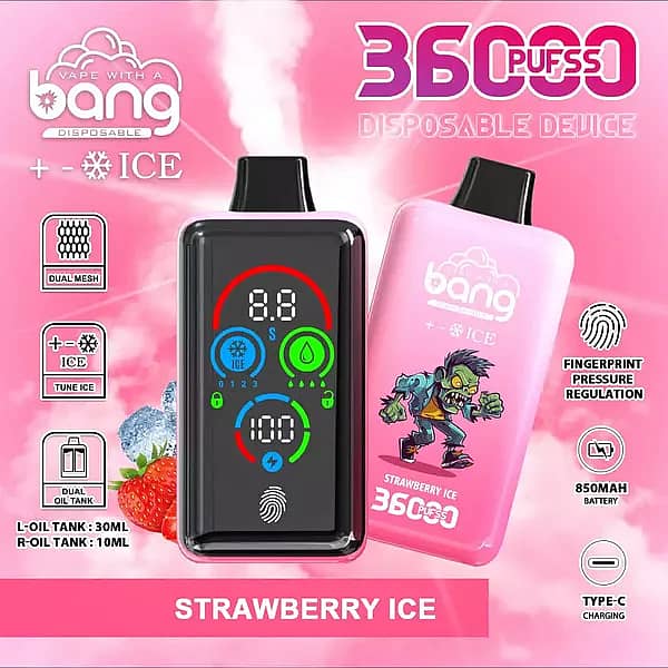 Bang 36000 Ice Control Strawberry Ice smart-screen disposable vape with adjustable ICE ± cooling; dual oil tanks 30 mL + 10 mL, 1.0Ω dual-mesh coil, 850 mAh battery, Type-C fast charging, fingerprint pressure regulation.
