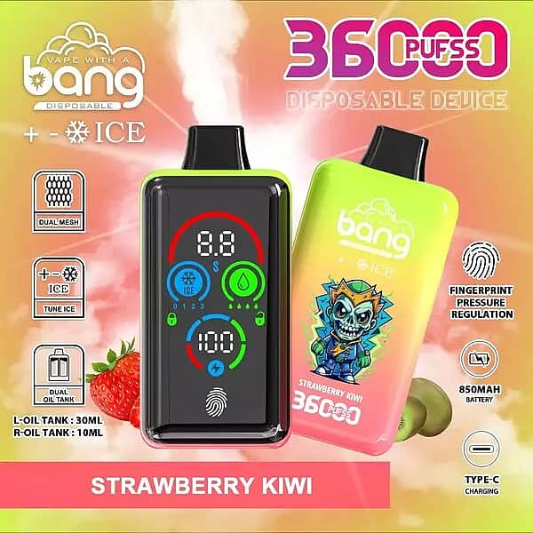 Bang 36000 Ice Control Strawberry Kiwi smart-screen disposable vape with adjustable ICE ± cooling; dual oil tanks 30 mL + 10 mL, 1.0Ω dual-mesh coil, 850 mAh battery, Type-C fast charging, fingerprint pressure regulation.