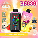 Bang 36000 Ice Control Strawberry Mango smart-screen disposable vape with adjustable ICE ± cooling; dual oil tanks 30 mL + 10 mL, 1.0Ω dual-mesh coil, 850 mAh battery, Type-C fast charging, fingerprint pressure regulation.