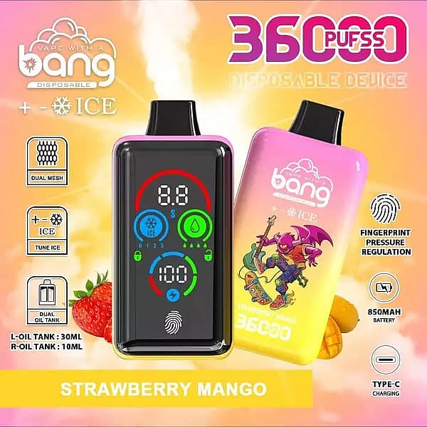 Bang 36000 Ice Control Strawberry Mango smart-screen disposable vape with adjustable ICE ± cooling; dual oil tanks 30 mL + 10 mL, 1.0Ω dual-mesh coil, 850 mAh battery, Type-C fast charging, fingerprint pressure regulation.