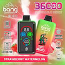 Bang 36000 Ice Control Strawberry Watermelon smart-screen disposable vape with adjustable ICE ± cooling; dual oil tanks 30 mL + 10 mL, 1.0Ω dual-mesh coil, 850 mAh battery, Type-C fast charging, fingerprint pressure regulation.