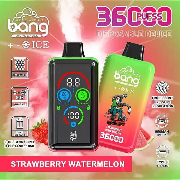 Bang 36000 Ice Control Strawberry Watermelon smart-screen disposable vape with adjustable ICE ± cooling; dual oil tanks 30 mL + 10 mL, 1.0Ω dual-mesh coil, 850 mAh battery, Type-C fast charging, fingerprint pressure regulation.