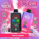 Bang 36000 Ice Control Triple Berry smart-screen disposable vape with adjustable ICE ± cooling; dual oil tanks 30 mL + 10 mL, 1.0Ω dual-mesh coil, 850 mAh battery, Type-C fast charging, fingerprint pressure regulation.