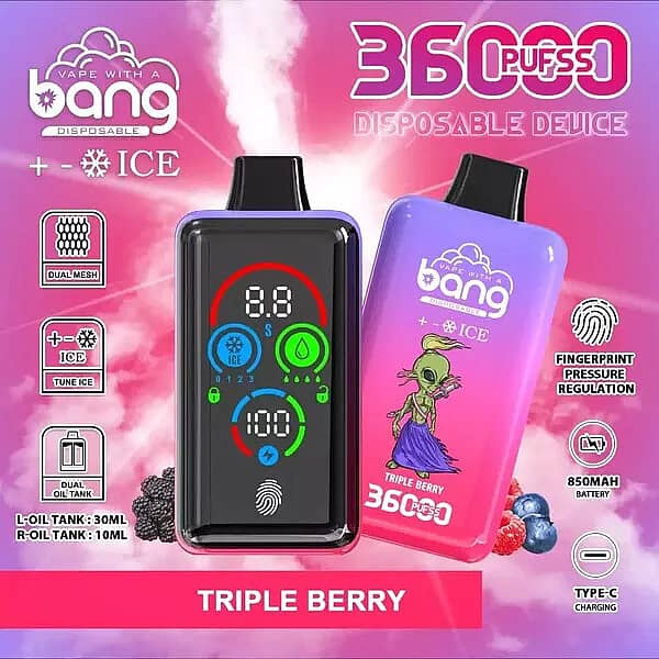 Bang 36000 Ice Control Triple Berry smart-screen disposable vape with adjustable ICE ± cooling; dual oil tanks 30 mL + 10 mL, 1.0Ω dual-mesh coil, 850 mAh battery, Type-C fast charging, fingerprint pressure regulation.