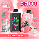 Bang 36000 Ice Control Watermelon Ice smart-screen disposable vape with adjustable ICE ± cooling; dual oil tanks 30 mL + 10 mL, 1.0Ω dual-mesh coil, 850 mAh battery, Type-C fast charging, fingerprint pressure regulation.