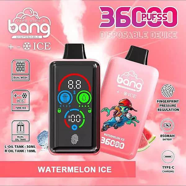 Bang 36000 Ice Control Watermelon Ice smart-screen disposable vape with adjustable ICE ± cooling; dual oil tanks 30 mL + 10 mL, 1.0Ω dual-mesh coil, 850 mAh battery, Type-C fast charging, fingerprint pressure regulation.
