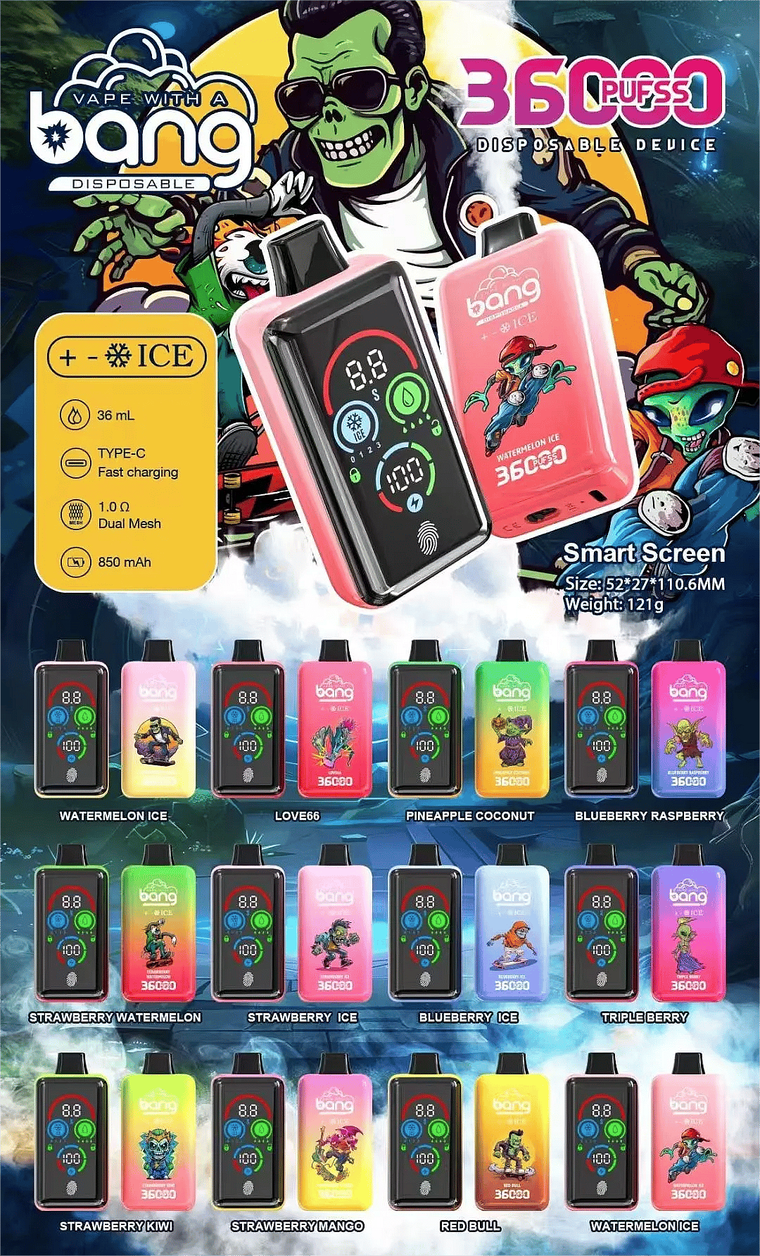 Bang 36000 Ice Control lineup poster with smart-screen disposable vapes; ICE ± cooling, dual oil tanks 30 mL + 10 mL, 1.0Ω dual-mesh, 850 mAh, Type-C fast charging; grid of 12 flavors.