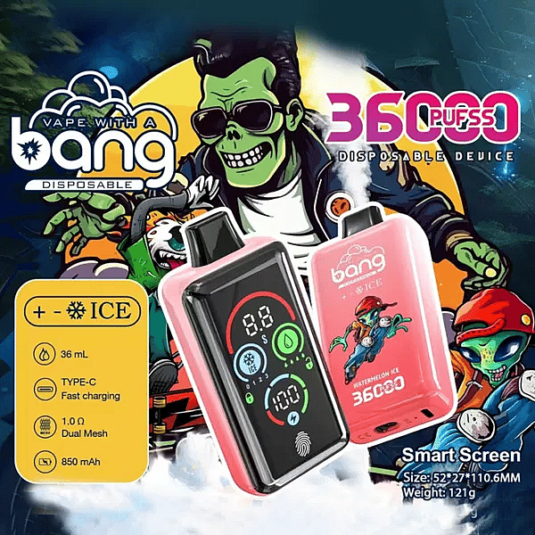 Bang 36000 Ice Control smart-screen disposable vape, Watermelon Ice; adjustable ICE ± cooling, 36 mL e-liquid, 850 mAh Type-C fast charge, 1.0Ω dual-mesh coil.
