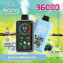 Bang 36,000-puff disposable vape with smart screen, Black Dragon Ice flavor; 36 mL e-liquid, 850 mAh Type-C fast charge, 1.0Ω dual-mesh coil, adjustable power (P1–P3) with fingerprint pressure control.