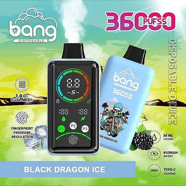 Bang 36,000-puff disposable vape with smart screen, Black Dragon Ice flavor; 36 mL e-liquid, 850 mAh Type-C fast charge, 1.0Ω dual-mesh coil, adjustable power (P1–P3) with fingerprint pressure control.