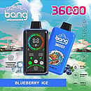 Bang 36,000-puff disposable vape with smart screen, Blueberry Ice flavor; 36 mL e-liquid, 850 mAh Type-C fast charge, 1.0Ω dual-mesh coil, adjustable power (P1–P3) with fingerprint pressure control.