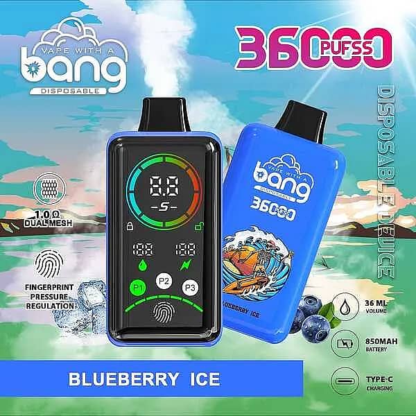 Bang 36,000-puff disposable vape with smart screen, Blueberry Ice flavor; 36 mL e-liquid, 850 mAh Type-C fast charge, 1.0Ω dual-mesh coil, adjustable power (P1–P3) with fingerprint pressure control.