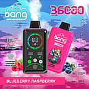 Bang 36,000-puff disposable vape with smart screen, Blueberry Raspberry flavor; 36 mL e-liquid, 850 mAh Type-C fast charge, 1.0Ω dual-mesh coil, adjustable power (P1–P3) with fingerprint pressure control.