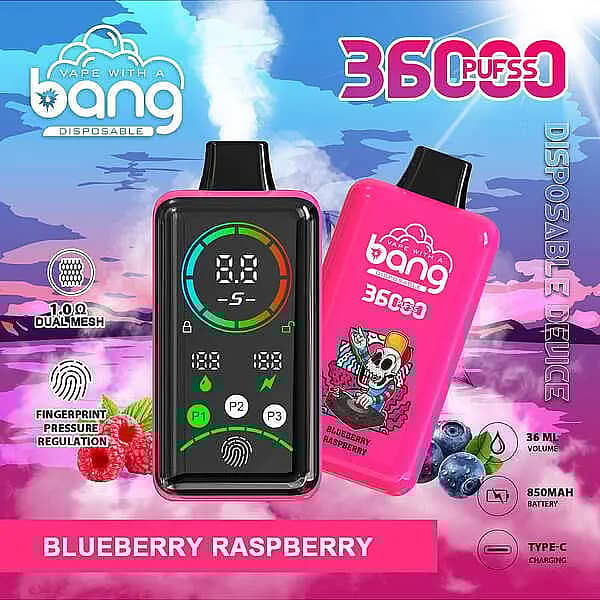 Bang 36,000-puff disposable vape with smart screen, Blueberry Raspberry flavor; 36 mL e-liquid, 850 mAh Type-C fast charge, 1.0Ω dual-mesh coil, adjustable power (P1–P3) with fingerprint pressure control.