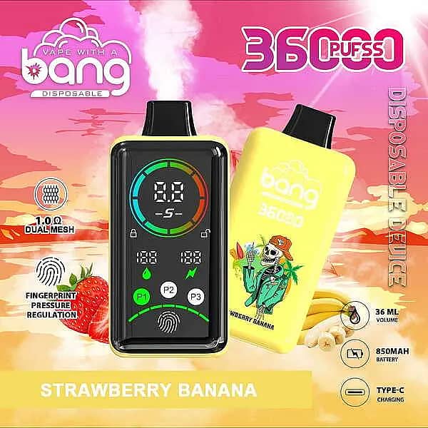 Bang 36,000-puff disposable vape with smart screen, Strawberry Banana flavor; 36 mL e-liquid, 850 mAh Type-C fast charge, 1.0Ω dual-mesh coil, adjustable power (P1–P3) with fingerprint pressure control.