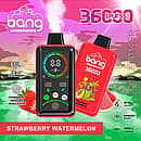 Bang 36,000-puff disposable vape with smart screen, Strawberry Watermelon flavor; 36 mL e-liquid, 850 mAh Type-C fast charge, 1.0Ω dual-mesh coil, adjustable power (P1–P3) with fingerprint pressure control.