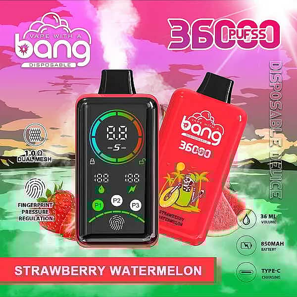 Bang 36,000-puff disposable vape with smart screen, Strawberry Watermelon flavor; 36 mL e-liquid, 850 mAh Type-C fast charge, 1.0Ω dual-mesh coil, adjustable power (P1–P3) with fingerprint pressure control.