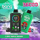 Bang 36,000-puff disposable vape with smart screen, Triple Berry flavor (green shell); 36 mL e-liquid, 850 mAh Type-C fast charge, 1.0Ω dual-mesh coil, adjustable power P1–P3 with fingerprint pressure control.