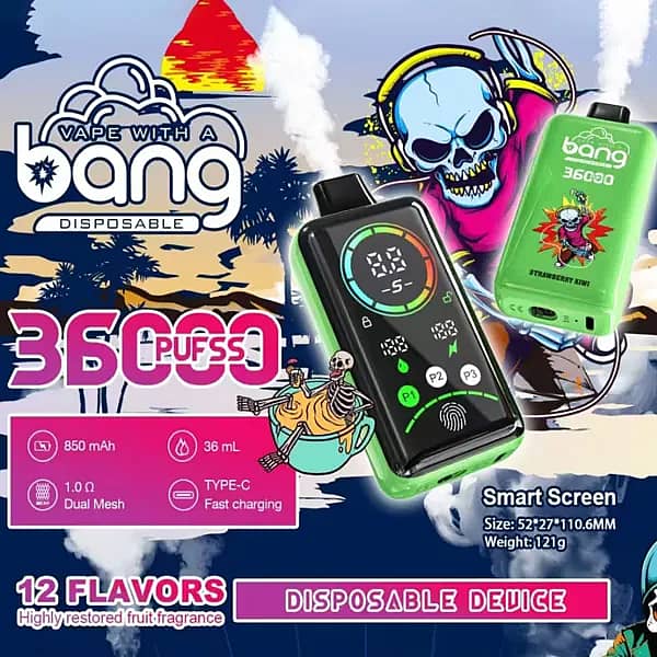 Bang 36000-puff disposable vape with smart screen; Strawberry Kiwi variant; 36 mL e-liquid, 850 mAh Type-C fast charge, 1.0Ω dual-mesh, adjustable power.