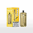 Bang E-Shisha Head 42000 Puffs in Blueberry Raspberry flavor, gold cylindrical hookah head next to a yellow retail box with hookah illustration and nicotine warning.