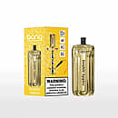 Bang E-Shisha Head 42000 Puffs Double Apples flavor, gold cylindrical hookah head next to a yellow retail box with hookah illustration and nicotine warning.