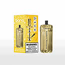 Bang E-Shisha Head 42000 Puffs Strawberry Watermelon flavor, gold cylindrical hookah head with black mouthpiece beside yellow retail box featuring hookah illustration and nicotine warning.