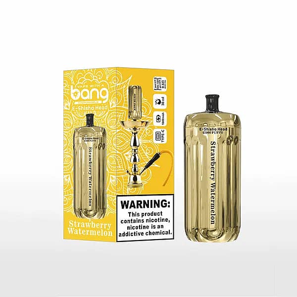 Bang E-Shisha Head 42000 Puffs Strawberry Watermelon flavor, gold cylindrical hookah head with black mouthpiece beside yellow retail box featuring hookah illustration and nicotine warning.