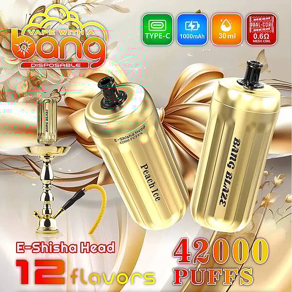 Bang E-Shisha Head 42000 Puffs promo image showing two gold hookah-style disposable heads (one labeled “Peach Ice,” one “Bang Blaze”), a gold hookah, and icons for Type-C, 1000mAh, 30ml, dual-core 0.6Ω mesh coil, and “12 flavors.”