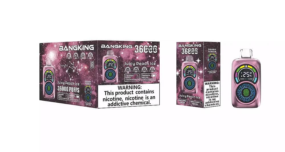 Bang King Constellation 36000 Puffs Juicy Peach Ice disposable vape packaging set, showing master carton, single box, and pink dual-screen device with touchable airflow control.