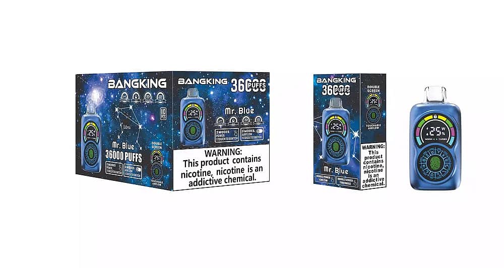 Bang King Constellation 36000 Puffs Mr. Blue disposable vape, showing blue galaxy-themed master carton, single retail box, and blue dual-screen device with touchable airflow and nicotine warning.