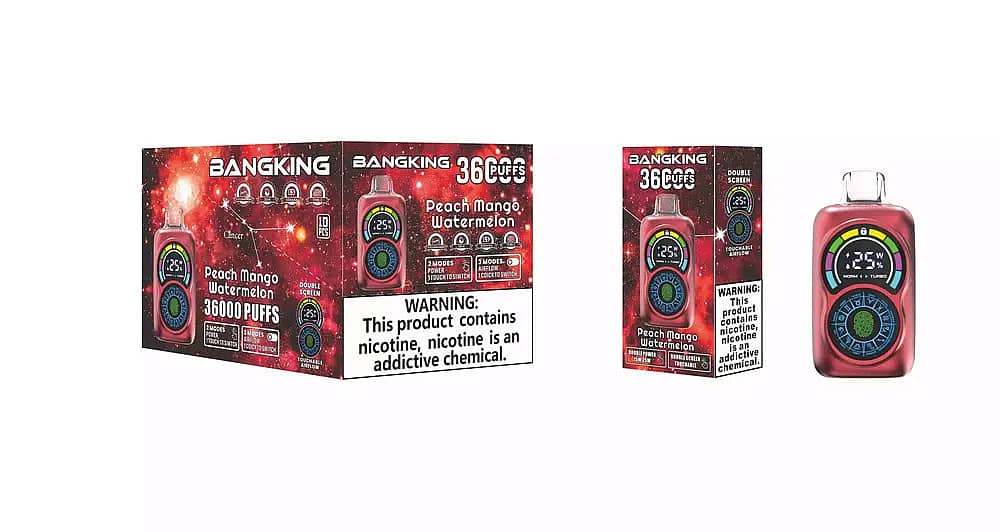 Bang King Constellation 36000 Puffs Peach Mango Watermelon disposable vape, shown with red galaxy master carton, single box, and red dual-screen device featuring touchable airflow and nicotine warning.