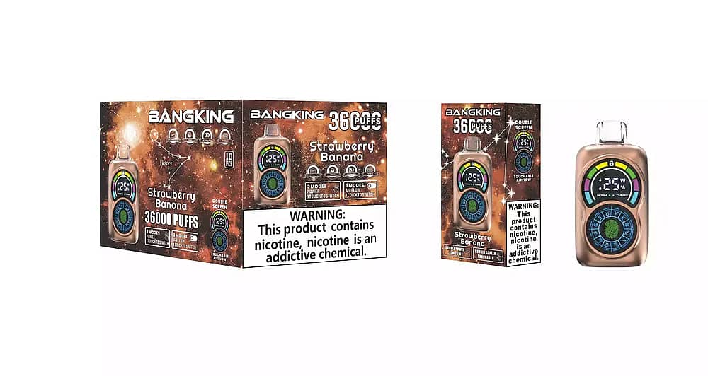 Bang King Constellation 36000 Puffs Strawberry Banana disposable vape with orange/brown galaxy packaging, single retail box, and bronze dual-screen device featuring touchable airflow and nicotine warning.