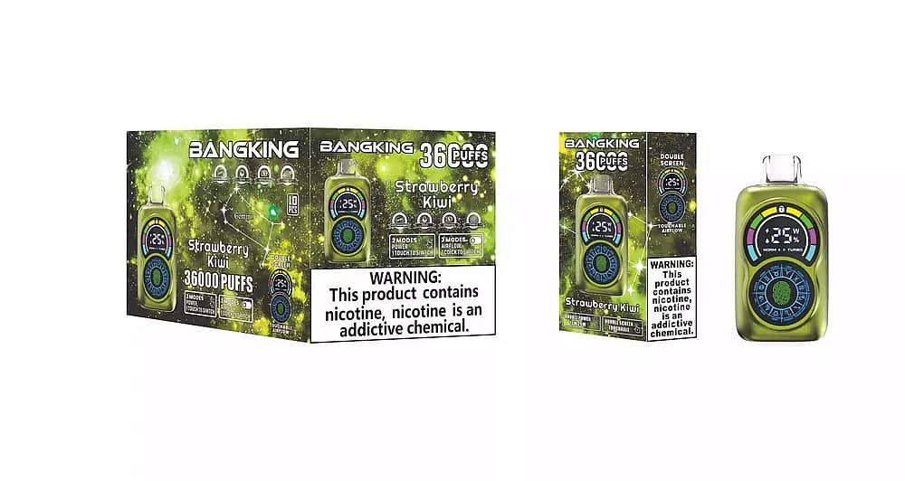 Bang King Constellation 36000 Puffs Strawberry Kiwi disposable vape with bright green galaxy packaging, single box, and green dual-screen device featuring touchable airflow and nicotine warning.