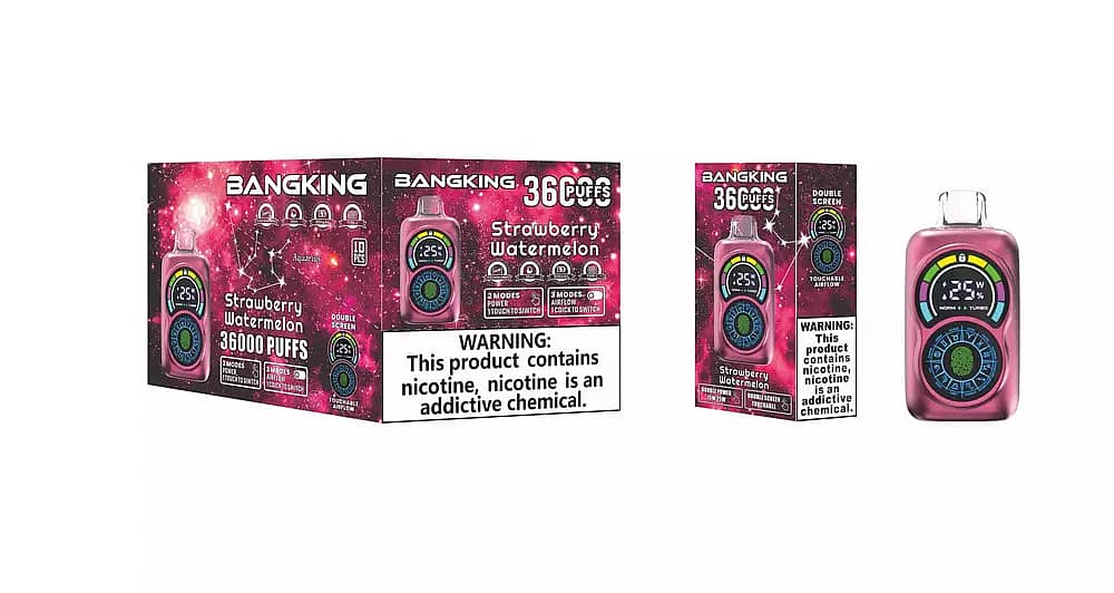 Bang King Constellation 36000 Puffs Strawberry Watermelon disposable vape with pink galaxy packaging, single box, and pink dual-screen device featuring touchable airflow and nicotine warning.