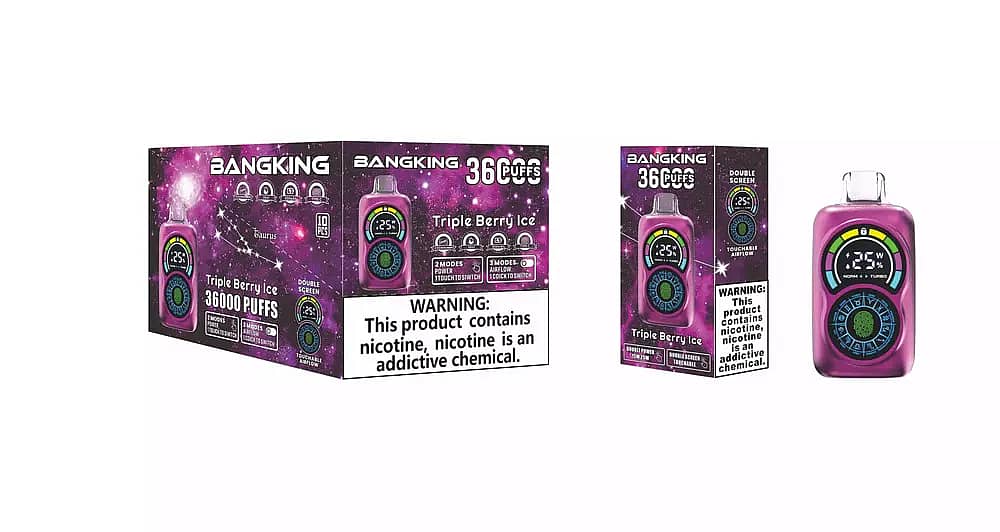 Bang King Constellation 36000 Puffs Triple Berry Ice disposable vape with purple galaxy packaging, single retail box, and purple dual-screen device featuring touchable airflow and nicotine warning.