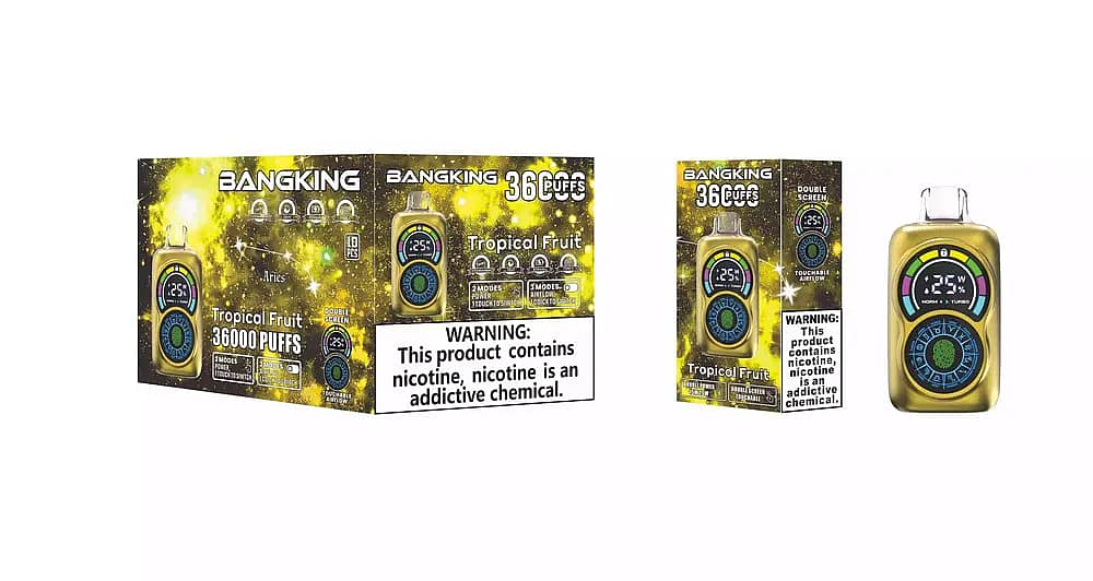 Bang King Constellation 36000 Puffs Tropical Fruit disposable vape with yellow galaxy packaging, single retail box, and yellow dual-screen device featuring touchable airflow and nicotine warning.