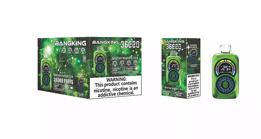 Bang King Constellation 36000 Puffs Watermelon Ice disposable vape with green galaxy packaging, single retail box, and green dual-screen device featuring touchable airflow and nicotine warning.