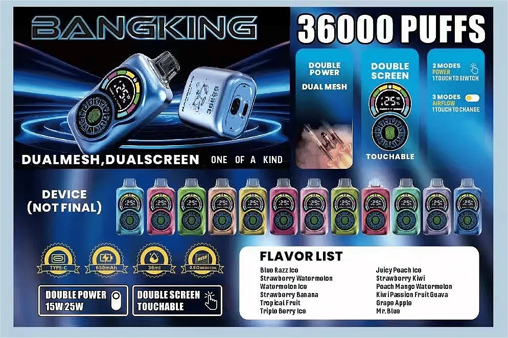 Bang King Constellation 36000 Puffs product info banner showing dual-mesh, dual-screen disposable vape device, feature icons (Type-C, 650mAh, 36ml, 0.8Ω mesh coil), and full flavor lineup in multiple colors.