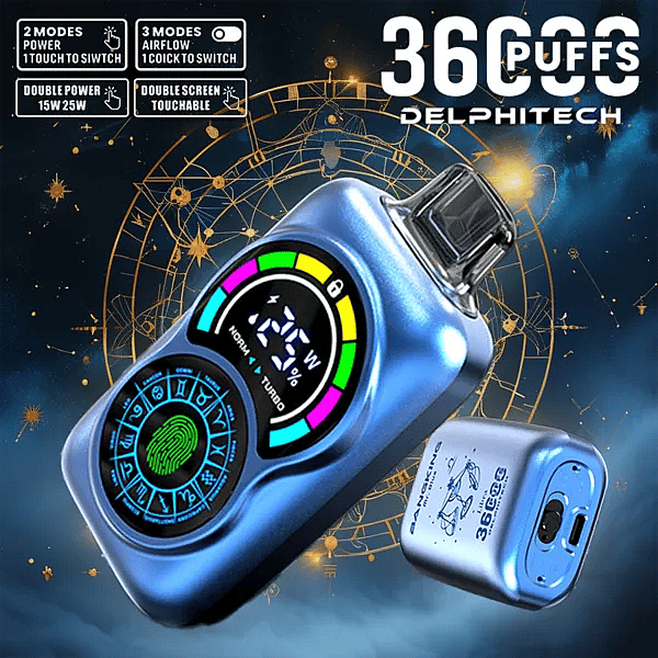 Bang King Constellation 36000 Puffs dual-screen touch disposable vape in metallic blue, constellation-themed UI, adjustable power/airflow, 36,000-puff capacity.