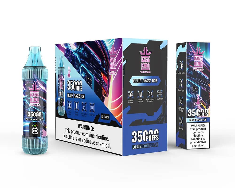 Bang King Tornado 35000 Puffs Blue Razz Ice disposable vape product display, showing the tall transparent device, 10-pack master box, and single unit box with nicotine warning.