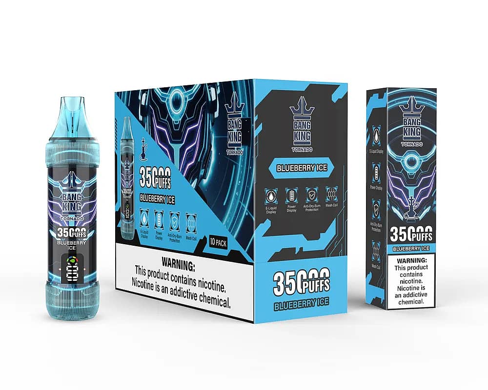Bang King Tornado 35000 Puffs Blueberry Ice disposable vape set, featuring the tall transparent device, 10-pack master box, and single unit box with futuristic blue design and nicotine warning.