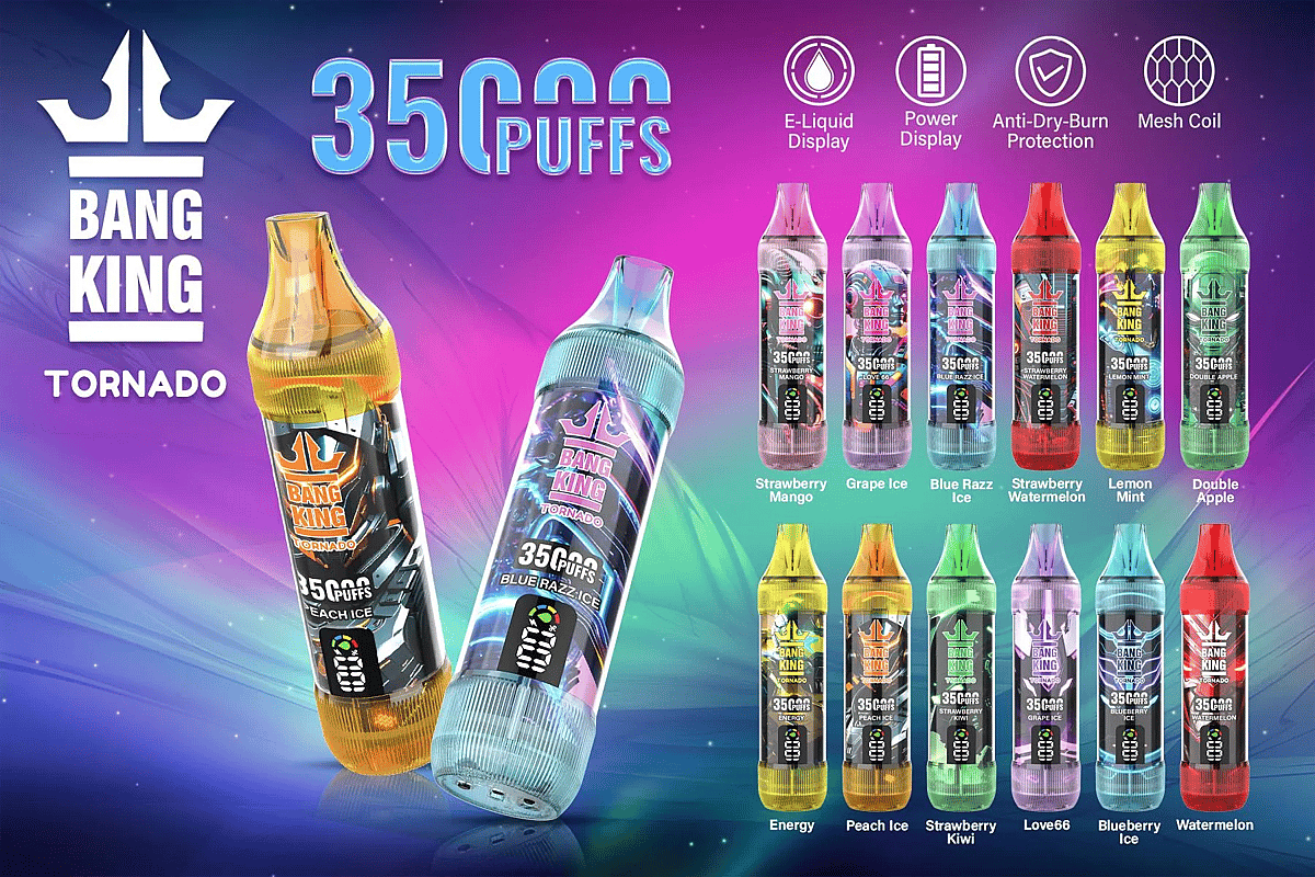 Bang King Tornado 35000 Puffs product lineup poster on a colorful gradient background, showing two large transparent vapes in front and all flavors in smaller bottles, with icons for e-liquid display, power display, anti-dry-burn protection, and mesh coil.