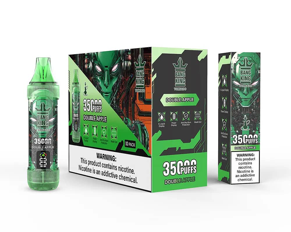 Bang King Tornado 35000 Puffs Double Apple disposable vape set, featuring green transparent tall device, master 10-pack box, and single unit box with cyber/robot design and nicotine warning.