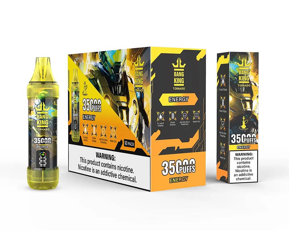 Bang King Tornado 35000 Puffs Energy disposable vape set, showing yellow transparent device, 10-pack master box, and single unit box with robotic yellow design and nicotine warning.