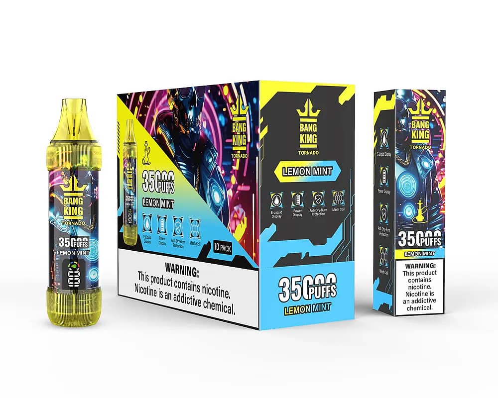 Bang King Tornado 35000 Puffs Lemon Mint disposable vape set, featuring yellow transparent device, 10-pack master box, and single unit box with futuristic graphics and nicotine warning.