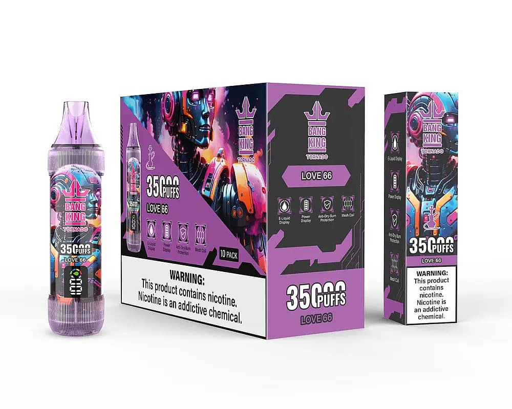 Bang King Tornado 35000 Puffs Love 66 disposable vape set, showing purple/pink transparent device, 10-pack master box, and single unit box with colorful robot design and nicotine warning.