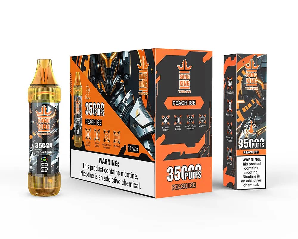 Bang King Tornado 35000 Puffs Peach Ice disposable vape set, showing orange transparent device, 10-pack master box, and single unit box with robotic orange design and nicotine warning.