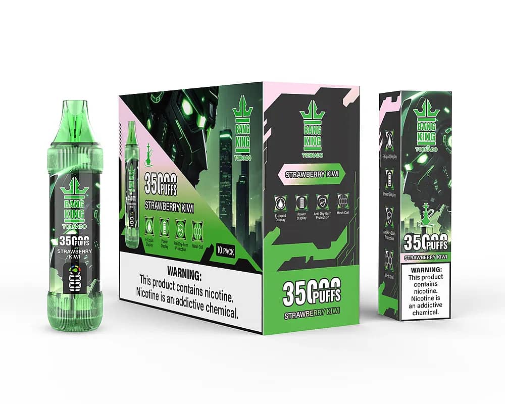Bang King Tornado 35000 Puffs Strawberry Kiwi disposable vape set, showing green transparent device, 10-pack master box, and single unit box with futuristic green design and nicotine warning.