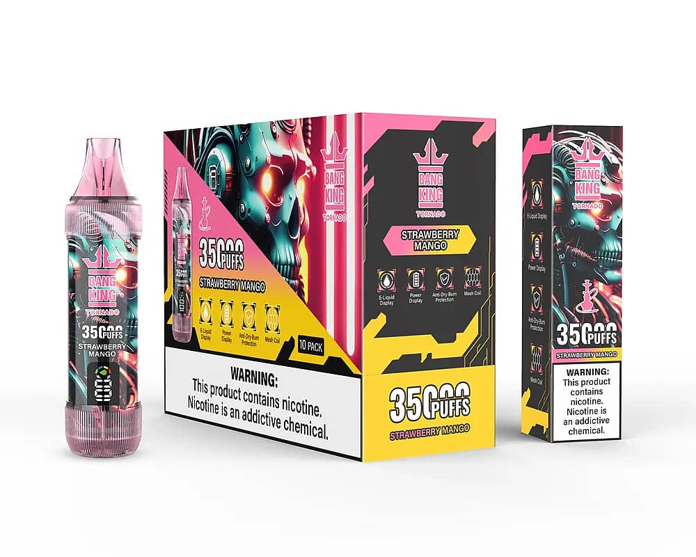 Bang King Tornado 35000 Puffs Strawberry Mango disposable vape set, featuring pink transparent device, 10-pack master box, and single unit box with futuristic pink/yellow robot design and nicotine warning.